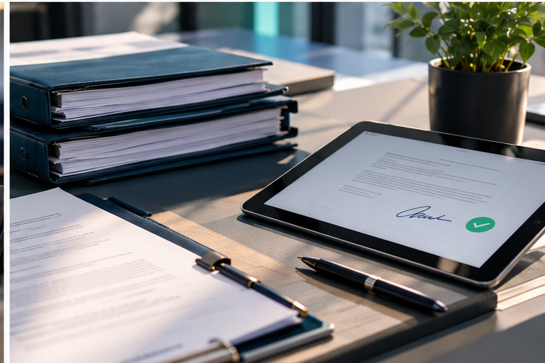 Documentos empresariais e assinatura digital em tablet